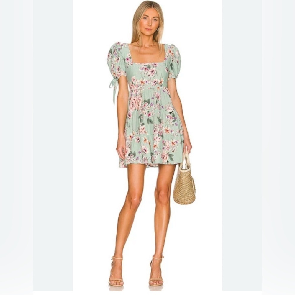 Yumi Kim NEW puff sleeve dress Size XL tiered sage green floral Wedding Guest